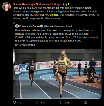Figure 6: Tweet of CNN Journalist Bianna Golodryga Retweeting Sviatlana Tsikhanouskaya’s Senior Advisor on the Belarusian Regime’s Mistreatment of Olympics Sprinter Krystsina Tsimanouskaya, August 1, 2021.