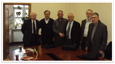Figure 4: Academician N. N. Ponomarev-Stepnoy and Russian managers of the TOPAZ-II project with author, Kurchatov Institute, Moscow, Russia, April 2013.